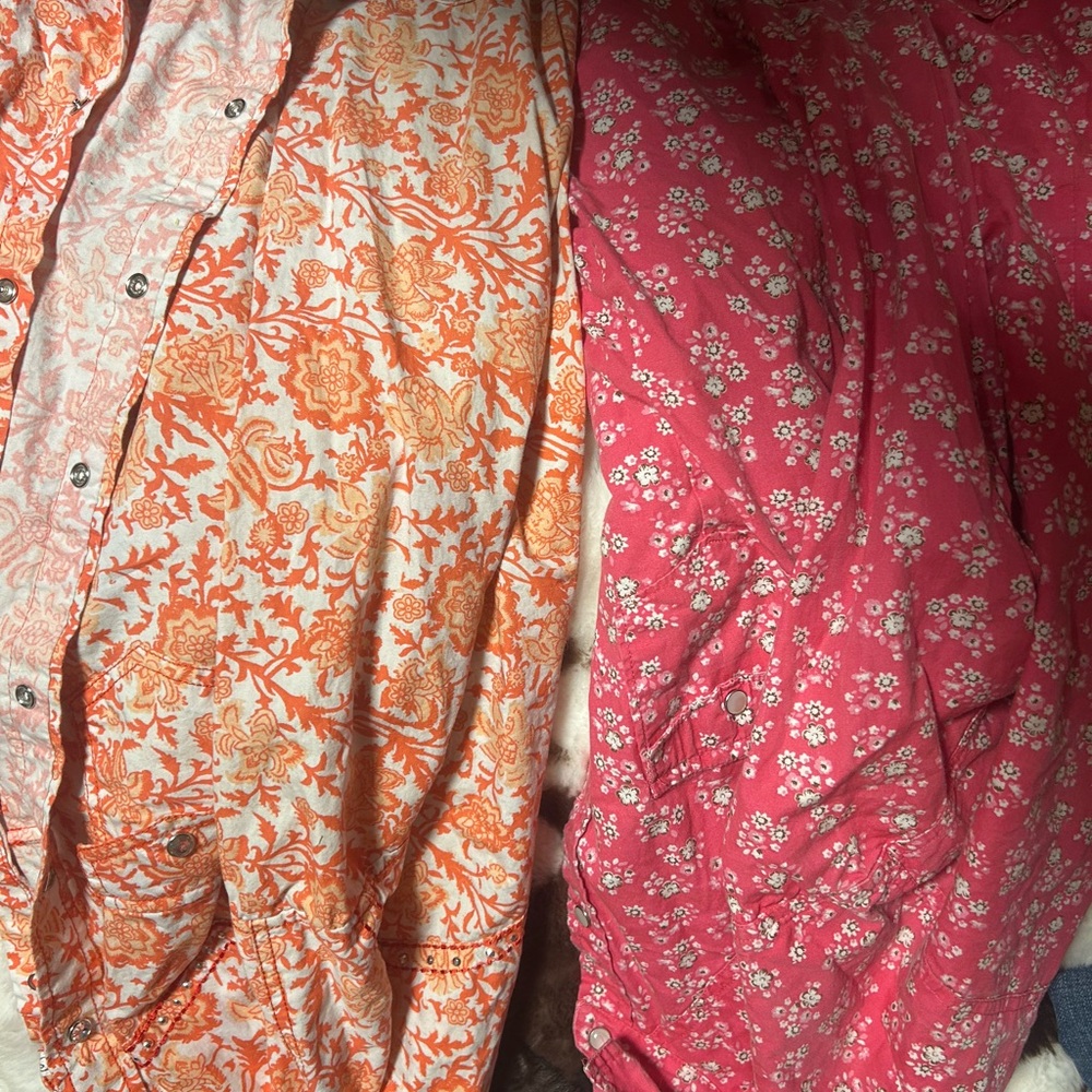 Floral Button-Up Shirts in Orange and Pink